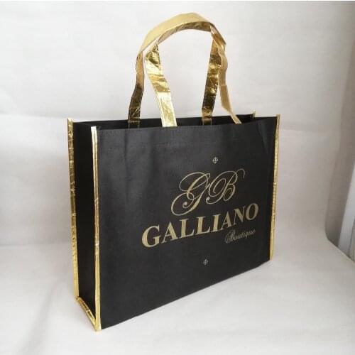 500pcs/lot 30Hx40x10cm Custom Logo Bag Metallic Laminated Shiny Gold Sides and Handle Black Non Woven Tote Bags for Trade Show