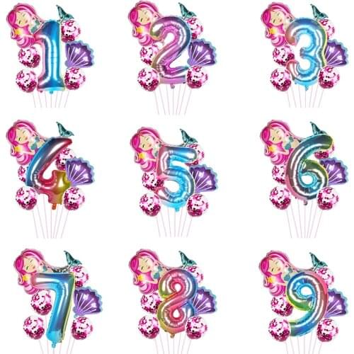 8pcs Little mermaid party foil balloons with 32inch gradient Number digit balloon balls helium ballons Mermaid Birthday globos