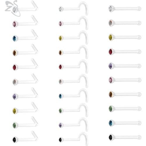ZS 10pcs/lot Acrylic Round Nose Piercing Colorful CZ Crystal Nose Studs 20g Screw L-Shape Retainer 2MM Nostril Piercing Jewelry