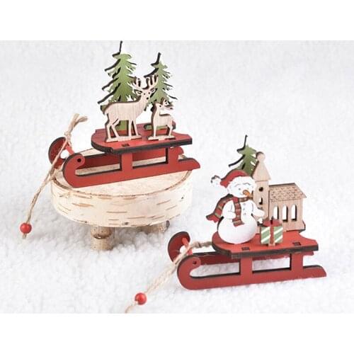Wooden Sleigh Christmas Ornaments Home Decor Snowman Sled Elk Cartoon Xmas Decoration DIY House