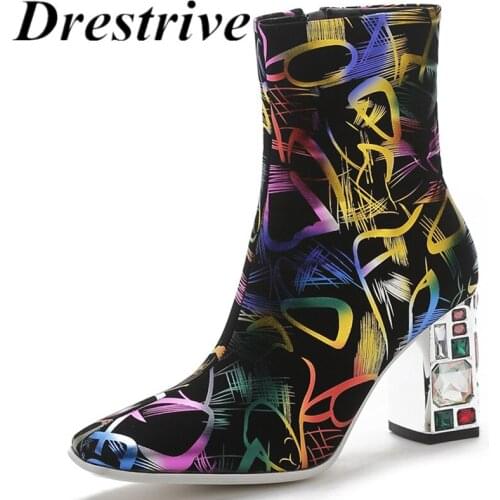Drestrive Womens Ankle Boots Print Zipper Crystal Square Toe Flock Thick Heels 8.5 cm Mixed Colors 2020 Winter High Heel Shoes