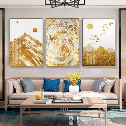 Canvas Painting Golden Modern Abstract Geometric Color Blocks Poster and Print for Living Room Hill Pictures Wall Art Decor