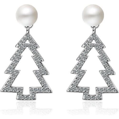 Trendy Christmas Tree Plastic Pearl 925 Sterling Silver Ladies Stud Earrings Original Jewelry For Women Anti Allergy Gift