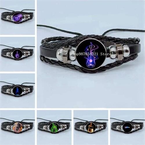 New luminous neon guitar bracelet cute music cabochon glass multi-layer woven leather bracelet men and women party gifts