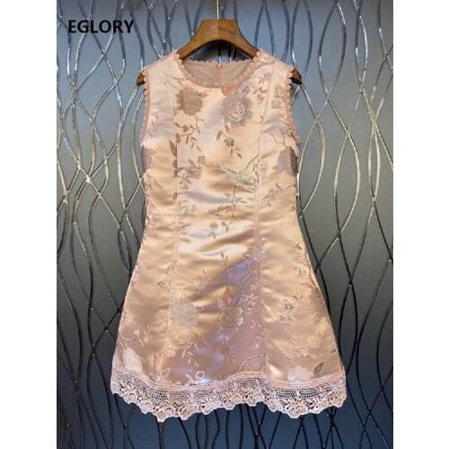 Slim Fit & Flare Dress 2021 Spring Summer Luxury Ladies O-Neck Vintage Jacqurd Floral Print Lace Patchwork Sweet Pink Dress Mini
