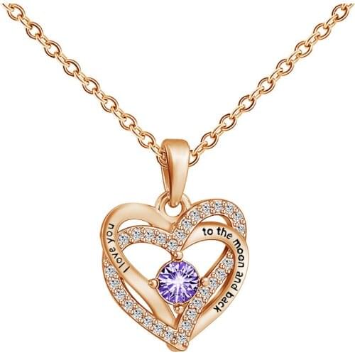I LOVE YOU TO THE MOON Engraved Message Double Heart Necklace Rhinestone Pave Birthstone Birthday Gift Love 50+5cm Extender