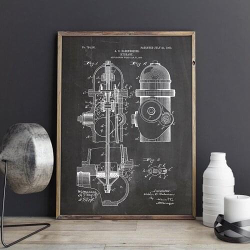 Fire Hydrant Patent Fire Fighter Poster Wall Art Canvas Painting Vintage Blueprint Fire House Art Prints Pictures Firefighter