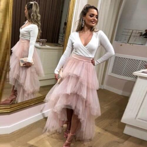 High Quality Hi Low Puffy Tiered Tulle Floor Length Women Skirts Asymmetrical Chic Ruffle Zipper Style Long Formal Party Skirts