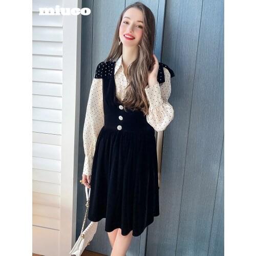 Retro wave point POLO Collar shirt+Two piece dress with bow and diamond velvet 2021 High Quality Top Quality