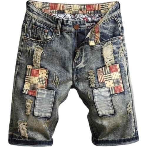 SEVEYFAN 2021 Mens Vintage Ripped Patchwork Denim Shorts Summer Cotton Jean Shorts for Male