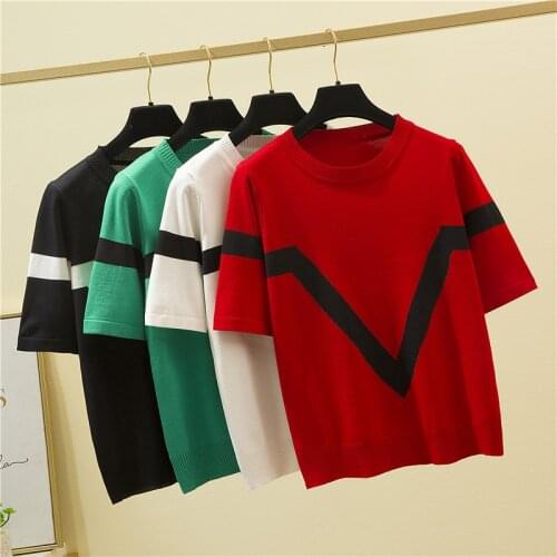 Summer Short Sleeve Thin Sweater Womens Contrast Color Loose Knitted Tops Pullovers Red O-Neck All-match Women Clothes Sweaters
