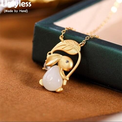 Uglyless Lovely Animals Jewelry for Women Creative Rabbit Cat Necklaces Jade Animals Sheltering under a Leaf Pendants + Chains