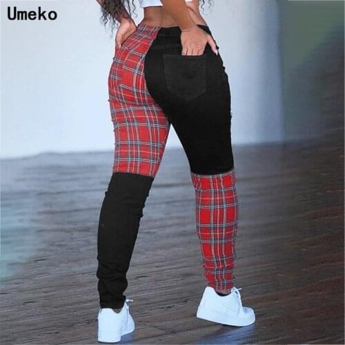 Umeko Plus Size Women Pants Plaid Print Patchwork Slim High Waist Fashion Pants Ladies Casual Streetwear Trousers Pencil Pants