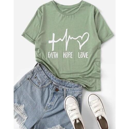 Faith Hope Love Letter Print Tees Tops Women Summer Graphic Funny Hipster Black T-shirt Casual Short Sleeve Round Neck Tshirt