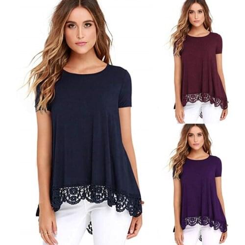 T Shirt Women 2021 New Arrival Summer Style Pure Color Round Collar Short Sleeve Lace Loose womens T-shirt Tshirt LCY9055