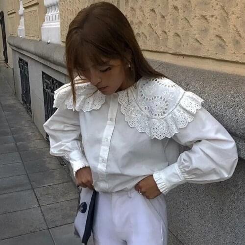 MosiMolly Big Collar Lace Embroidery Shirt Blouses Women Lantern Sleeve White Cotton Female blusas shirt tops