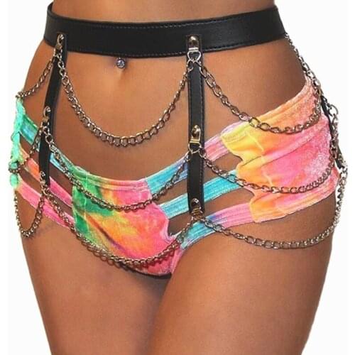 Rock Punk Style Womens Leather Harness Metal Chain Skirt Sexy Water Ripple Ladies Dance Skirt Body Bondage Belt Club Costume