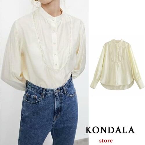 KONDALA ZA Fashion 2021 Women Solid Shirt Long sleeve Pearl buttons Trim Ladies Tshirt Mujer Tops