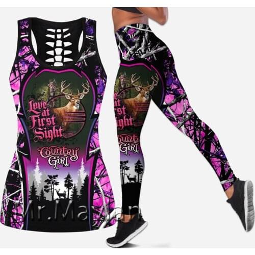 Newest Style Hollow tanktop & Leggings for women 3D Full printed Deer hunting Fashion sexy vest Female casual Girl Pink clothes