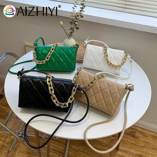 Fashion Women Lattice Pattern Solid Color PU Leather Crossbody Messenger Bag Casual Ladies Thick Chain Small Flap Purse Handbags