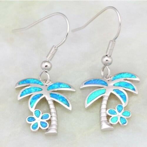 Fashion Women Cute Palm Tree Ocean Blue Fire Opal Jewelry Dangle Drop Earrings Vintage Jewelry Gifts