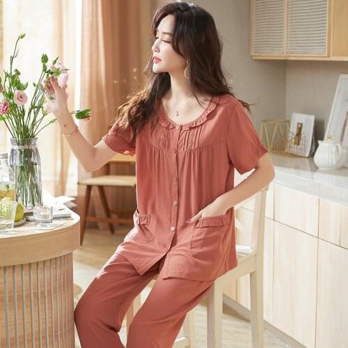 Women O-Neck Cardigan Nightwear Suit Summer Short Sleeve Long Pants Pajamas Woven Modal Casual Homewear Plus Size Pijamas Mujer