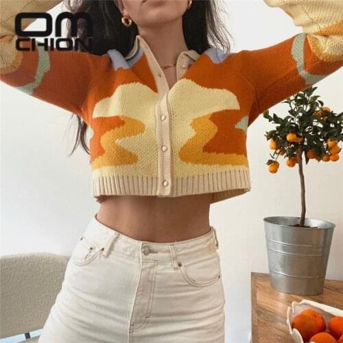 OMCHION Femme Top 2021 Spring New Oil Painting Short Sweater Coat Women Polo Neck Vintage Slim Korean Fashion Chic Cardigan BT80