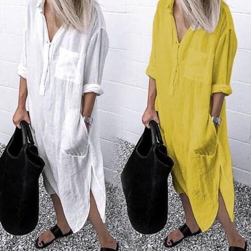 Fashion Summer Autumn Womens Elegant Long Shirt Dress Boho Beach Dress With Buttons Pockets Simple Pure Color Split Dresses