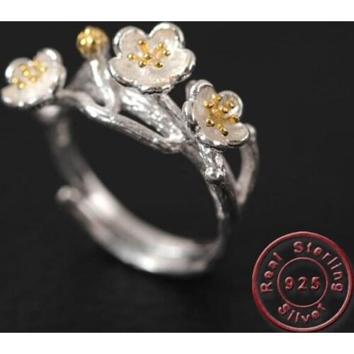 Amxiu Handmade Branch Flower Ring 925 Sterling Silver Open Rings For Women Girls Birthday Party Accessories Valentines Day Gift