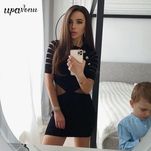 Free Shipping Mesh Black Hollow Tie Dress 2021 New Summer Women Sexy O-neck Short Sleeve Bodycon Mini Dress Fashion Party Dress