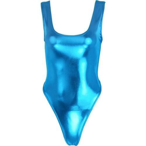 Womens Sleeveless High Cut Leotard One-piece Shiny Patent Leather Thong Gymnastics Catsuits Dancewear Night Clubwear Bodysuits