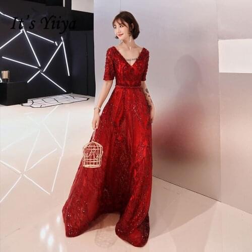 Its YiiYa Evening Dress Wine Red Sequins V-neck A line Elegant Formal Dresses Short Sleeve Backless Party Gown For Women E075