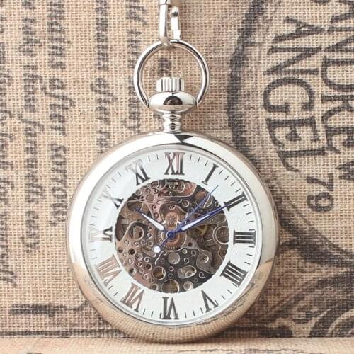 10pcs/lot Hot Steampunk Classic Silver Skeleton Mechanical Pocket Watch White Roman Dial No Cover Pocket Watches wholesale
