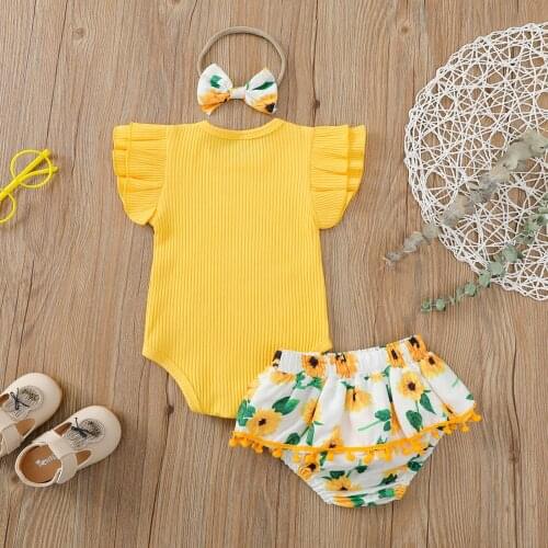 2021 Infant Newborn Girls 3pcs Ribbed Solid Color Crew Neck Fly Sleeve Romper Sunflower Printed Shorts Hair Band