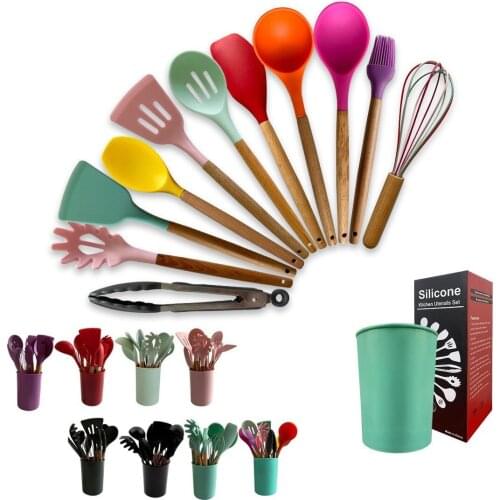 Wooden handle silicone kitchenware 12-piece storage barreled kitchen tool cooking shovel spoon set Whisk Kitchen clamp Spoon