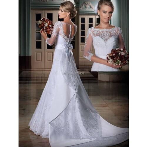 Elegant Lace Appliques Vestidos De Noiva 2014 Wedding Dresses 2014 With Jacket Three Quarter Sleeve Bridal Gowns