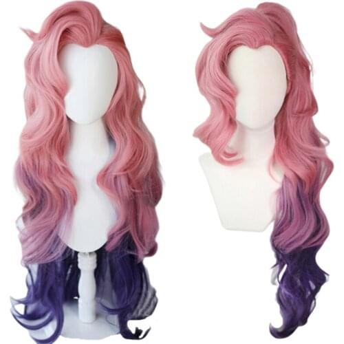 Game LoL Seraphine Cosplay Wig KDA Cosplay Long Pink Mixed Purple Wigs with Ponytail Heat Resistant Synthetic Hair + Wig Cap