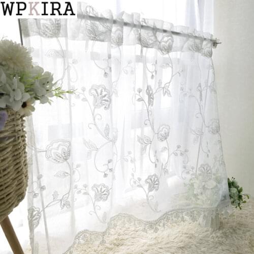 Pastoral White Floral Short Curtain for Kitchen Embroidery Voile Sheer Drape Lace Clover Bottom Small Window Blinds 144#D