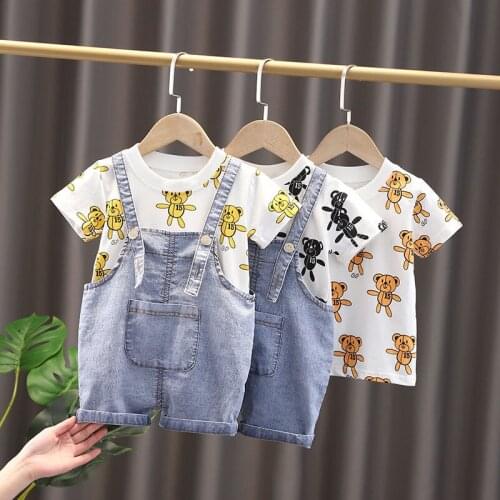 Hot Sale Summer Top + Bib Short 2 Pcs Kids Childrens Clothing Cartoon Print for Children Clothing Sets Family Baby Boys Clothes