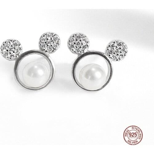 LKO Pearl Tiny Stud Earrings Cute Cartoon Originality Mouse Earring for Women Girl Crystal Zircon Earrings Trend Ornaments