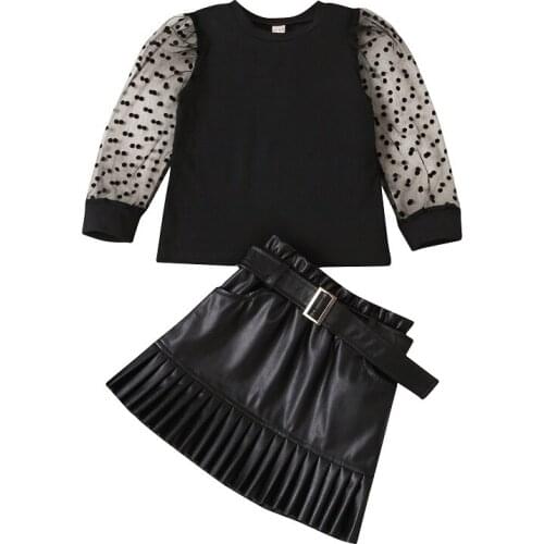 New Fashion Kids Baby Girl Mesh Long Sleeve Blouse Tops PU Leather Skirt 2PCS Outfits Children Girls Clothes Set