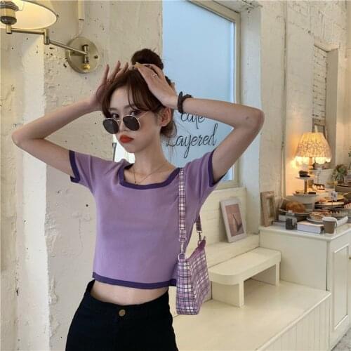 Contrasting Color Slim Ice Silk Knit Sweater Women Short Tight Purple T shirt kawaii t shirt Knitted Top blouses Women Crop Top