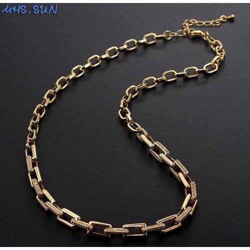 MHS.SUN Chunky Link Chain Necklace With Cubic Zircon Jewelry Gold Color CZ Stone Exaggeration Necklace Choker Party Gift 1PC