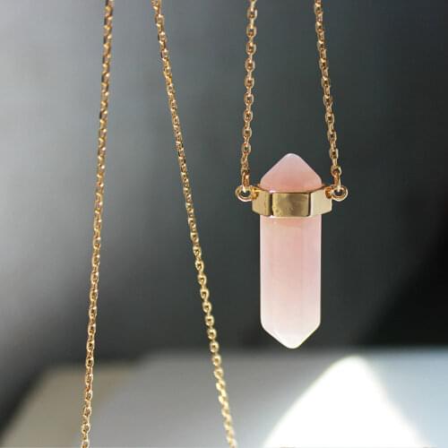 TARCLIY 2021 Sweet Pink Stone Pencil Pointed Pendant Necklace With Long O-Chain Summer Beach Cool All-Match Casual Jewelry