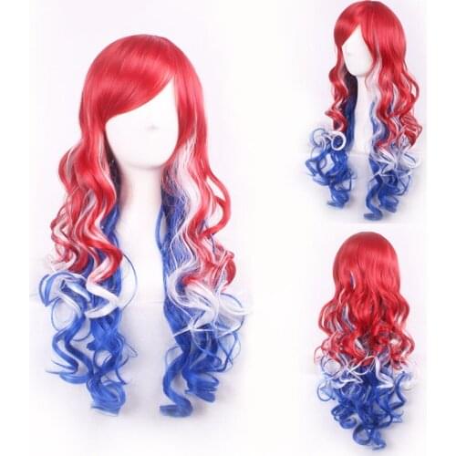Cheap Harajuku Lolita Red White Blue Ombre Synthetic Hair Long Wavy Cosplay Costume Wig Colorful Christmas Party Wigs For Women