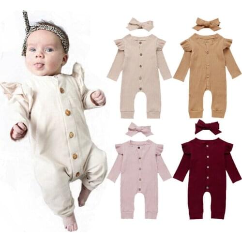 PUDCOCO Newborn Baby Girl Boy 2PCS Cotton Clothes Knitted Romper Ruffle Long Sleeve Jumpsuit Headband Autumn Outfits 0-24M