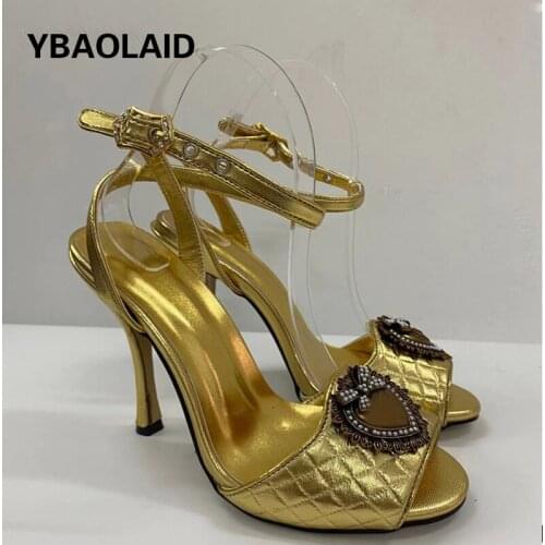 Round Head Gold Metal Heart-shaped Bow Buckle High-heeled Sandals Summer New Fashion Catwalk Sexy Stiletto Women Sandals