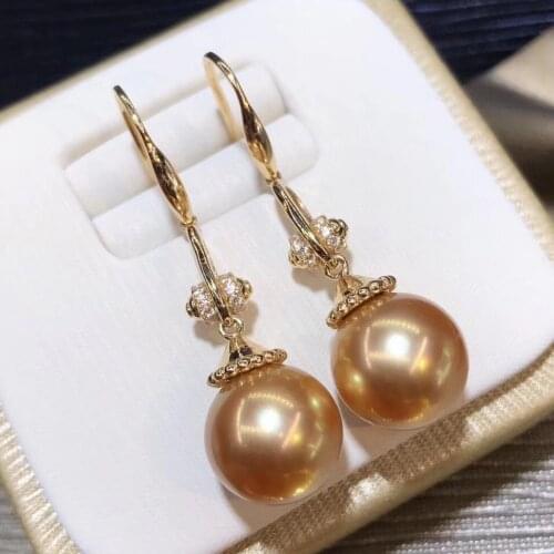 D1003 Pearl Earrings Fine Jewelry Solid 18K Gold Round Sea Water Golden Pearls Drop Dangle Earrings for Women Fine Presents
