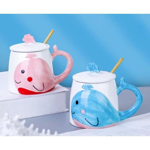 Light luxury whale ceramic mug with lid spoon,Korean style animal mugs,3D coffee cup creative mugs business office cup Drinkware