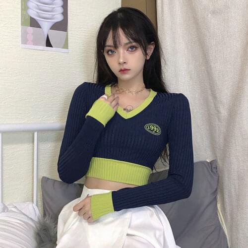 Woman Sweaters Air Stitching Contrast Color V-neck Womens Knitted Sunken Stripe Short High Waist Inner Wear Outer Wear Top